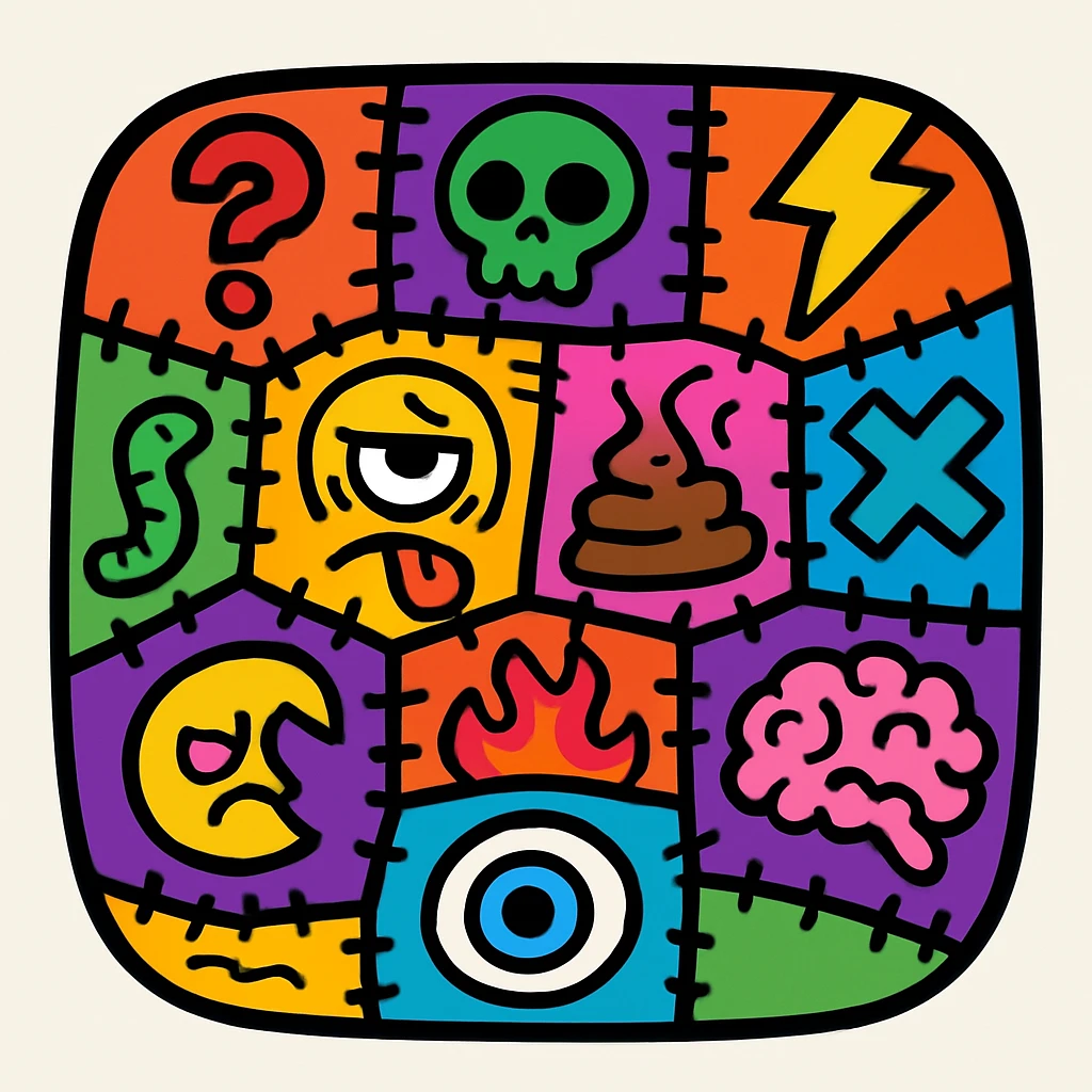 A chaotic patchwork quilt emoji with mismatched symbols and icons, evoking a deliberately absurd and brain-melting feel, grotesque and nonsensical emoji
