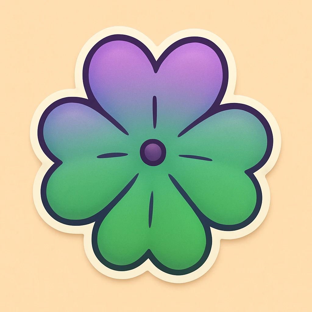 Remove the stem and make the four leaf clover more bubbly, keep the cartoon style and the top to bottom purple to green gradient. emoji
