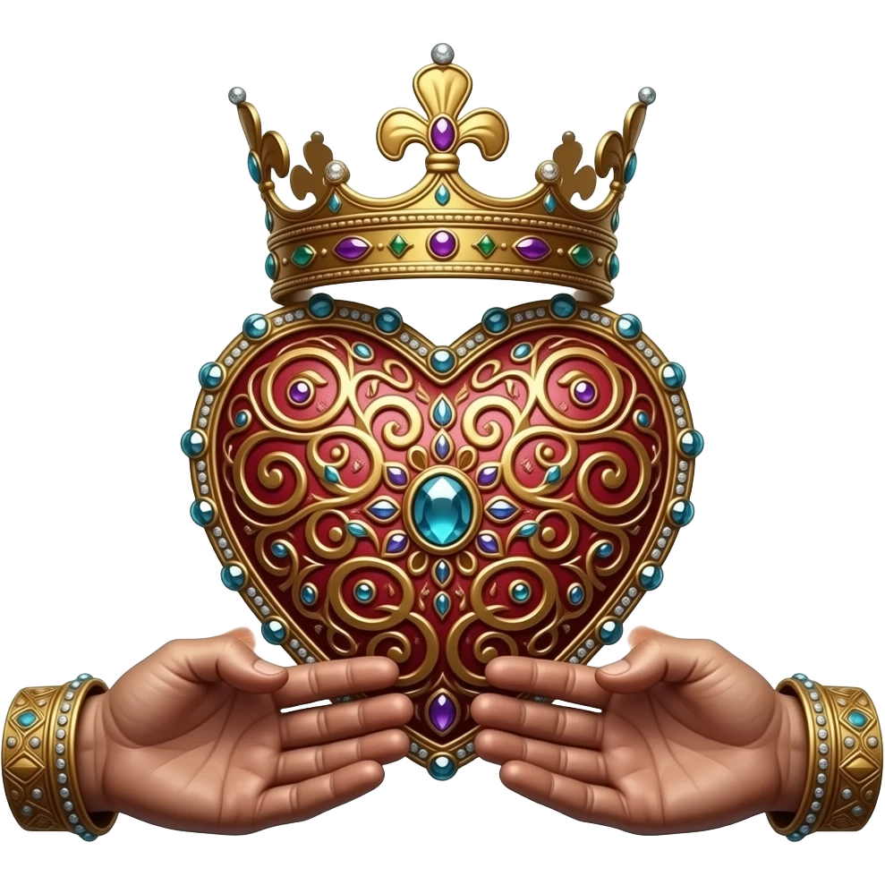 two rusty hands touch with their fingers (fingers are facing down and palms are facing up)  a rusty heart richly ornamented with arabesques and studded with precious stones with a richly decorated royal crown, dramatic lighting - backlight emoji