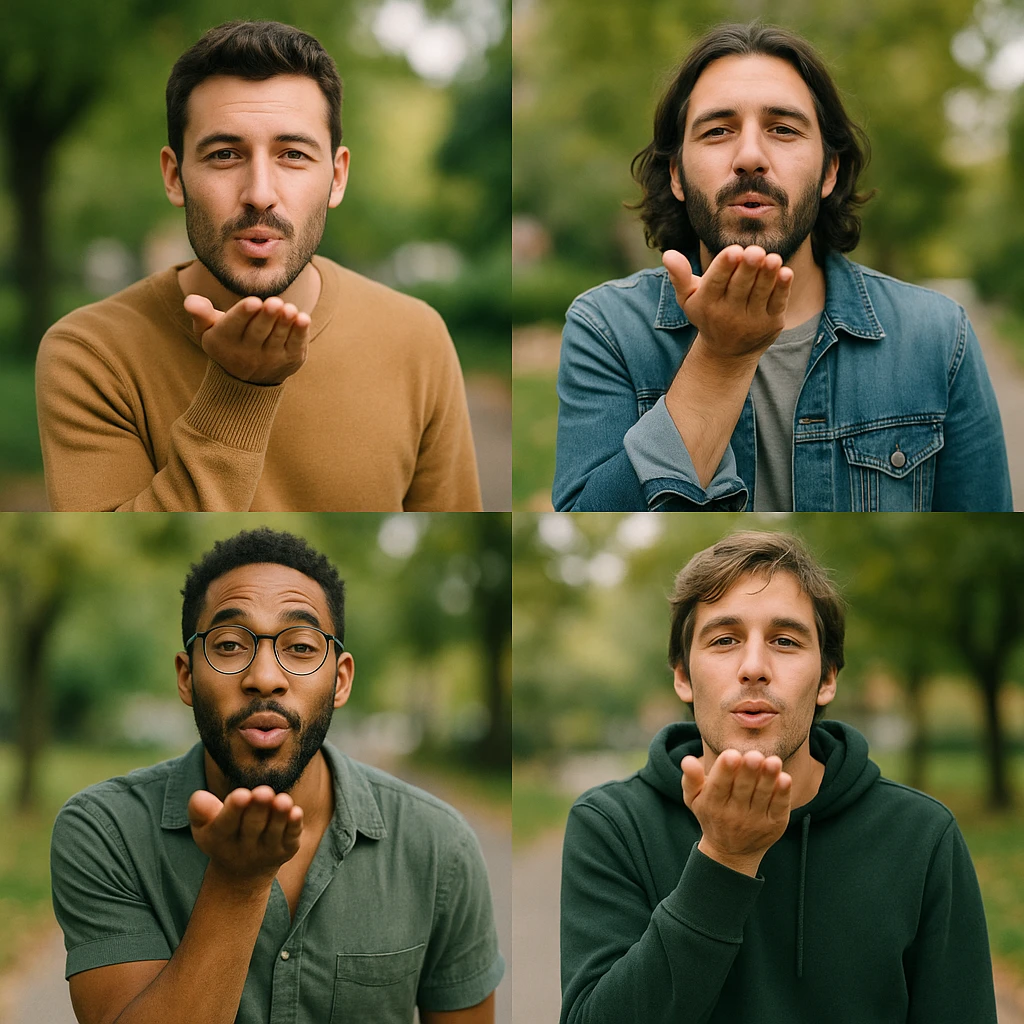 casual man blowing kiss, varied styles, outdoor environment emoji