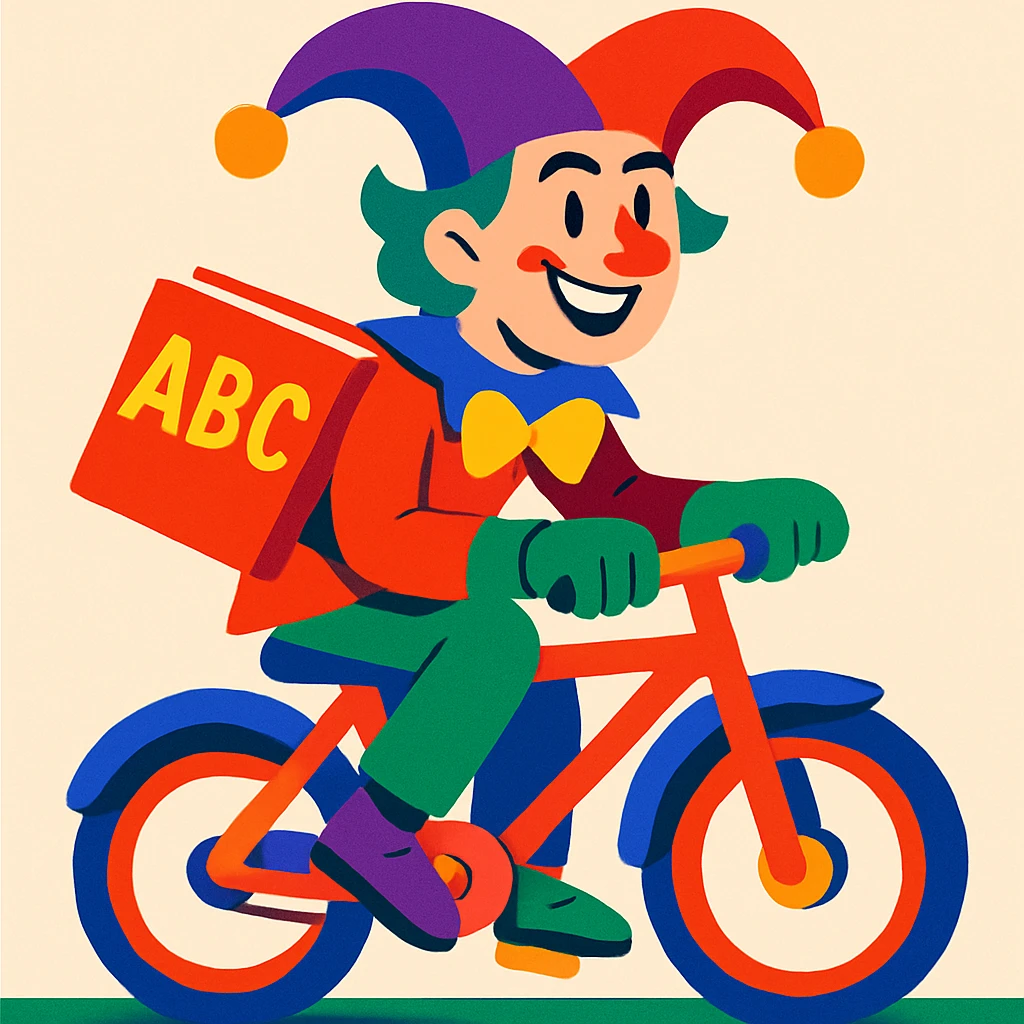 A teacher riding a bike with a joker-like aura emoji