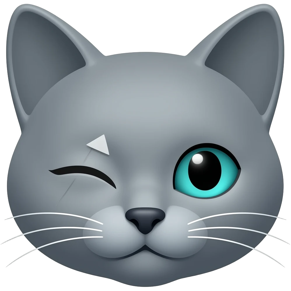bluegrey cat head, cyan eyes, left eye blind with scar and white spot emoji