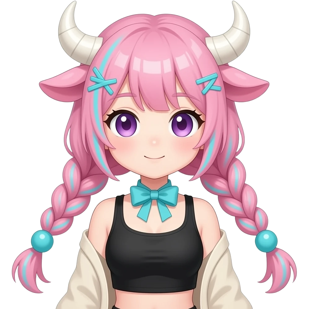 Cute pretty anime woman with big white bull horns, pink braided hair with thing cyan stripes and cyan ball-shaped hair ties, pink cow ears on the sides of head, Black cropped top; beige detached long sleeves, neck ribbon, purple eyes, cyan plus-shaped hair loom emoji