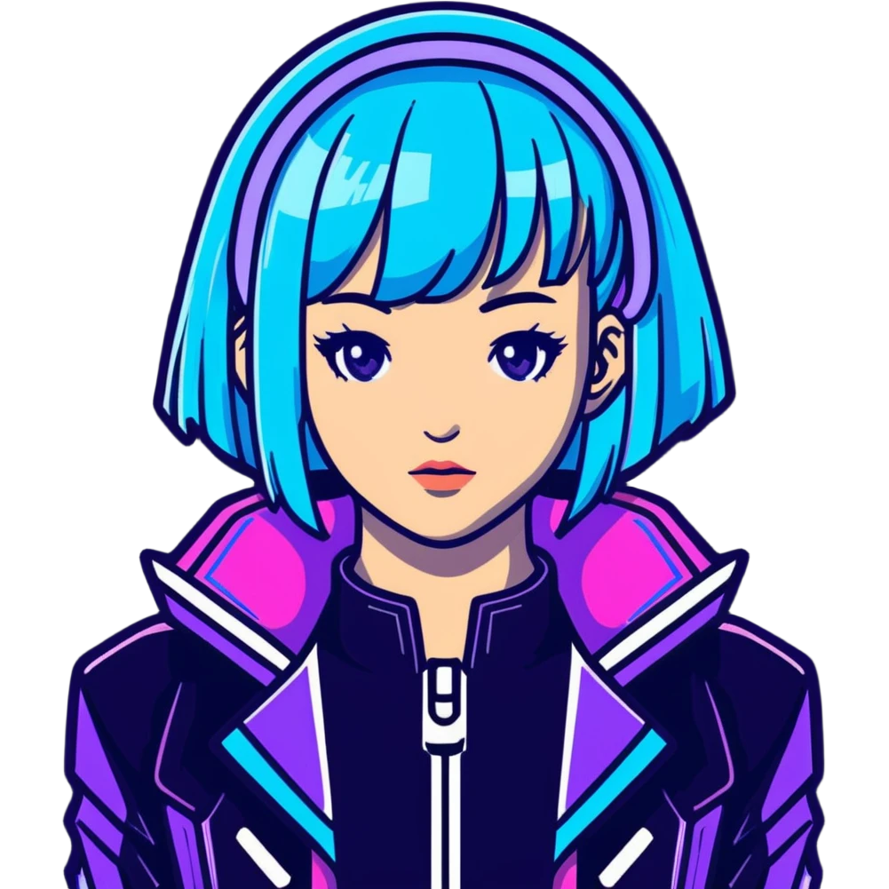 Cyberpunk Japanese girl with neon blue wig, futuristic holographic jacket, digital glitches effect, dark background with purple neon glow, iOS app icon style emoji