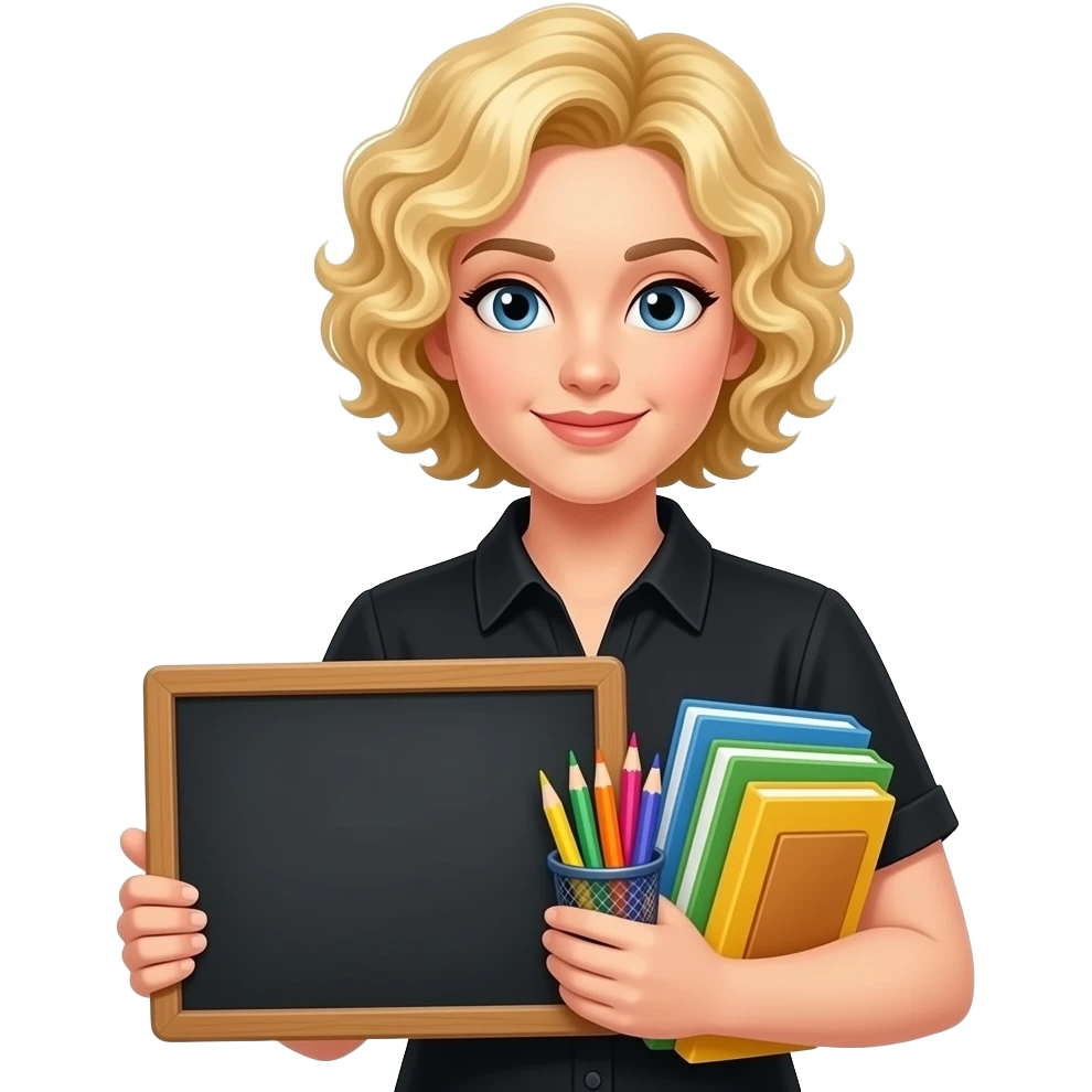 short blonde tight curly hair with a black board and school supplies office supplies in a black short sleeve blouse emoji