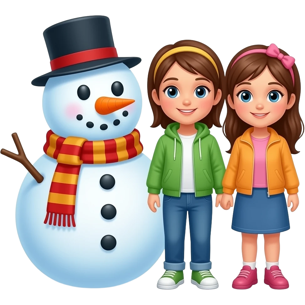 Give me 3 emoj's next to each other. 1. snowflake, 2 girls, snowman emoji