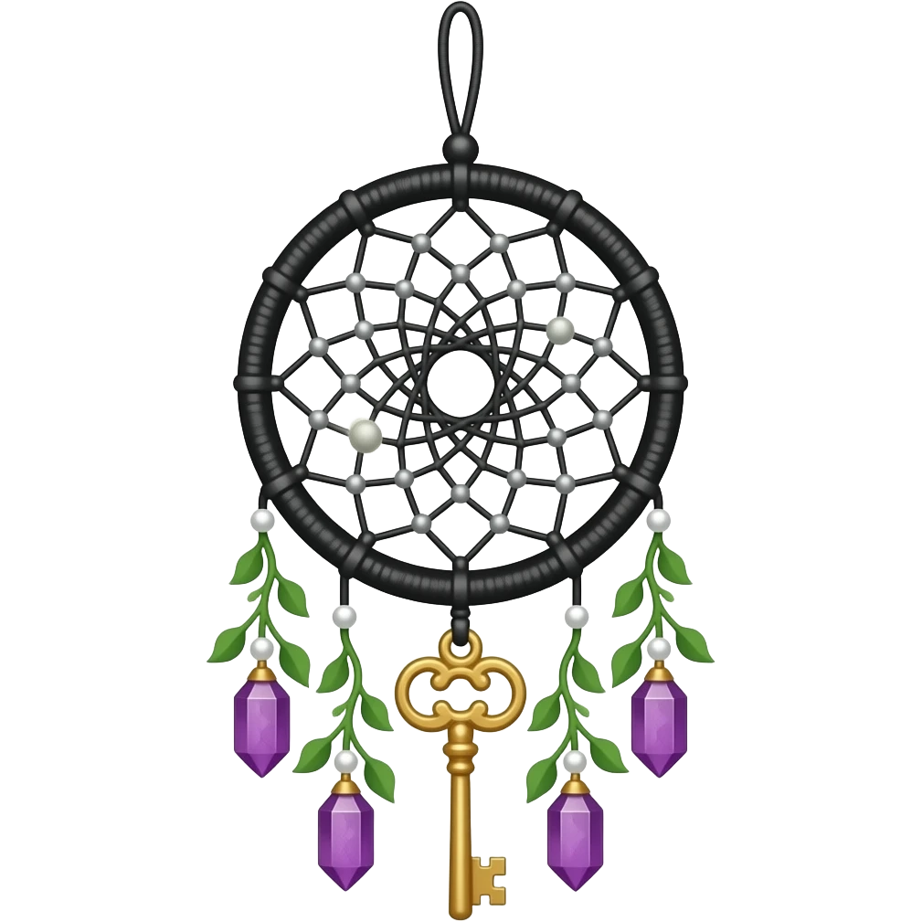 Black and white dreamcatcher with amethyst crystals, gold pearls, and green plants emoji