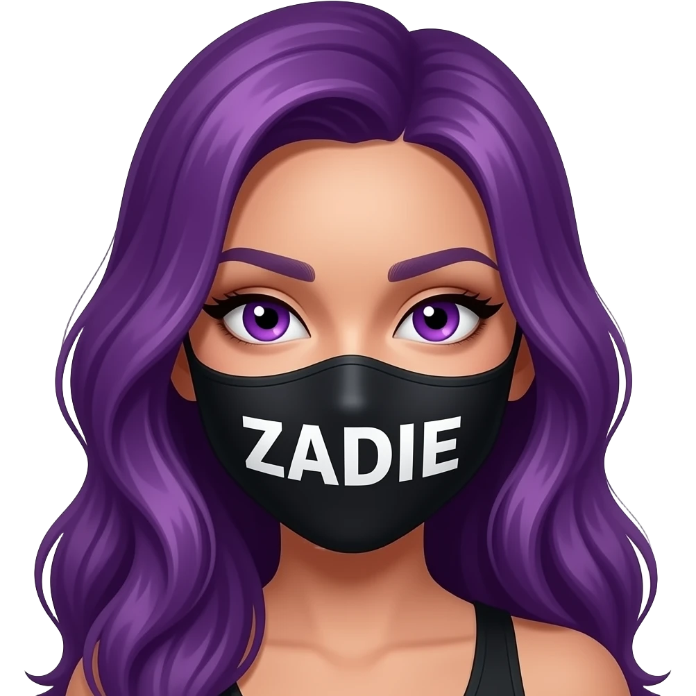 sexy girl with long purple hair and purple eyes wears a black mask with ZADIE written on it emoji