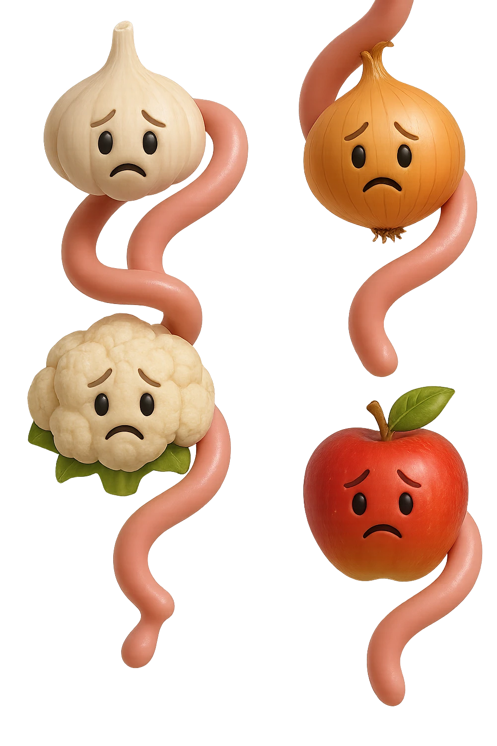 EMOJI STILE IPHONE DI aglio, cipolle, cavolfiore e mele che cadono verticalmente dall'alto con espressione triste con pezzi di colon avvolti intorno, IPERREALISTICO 4K emoji
