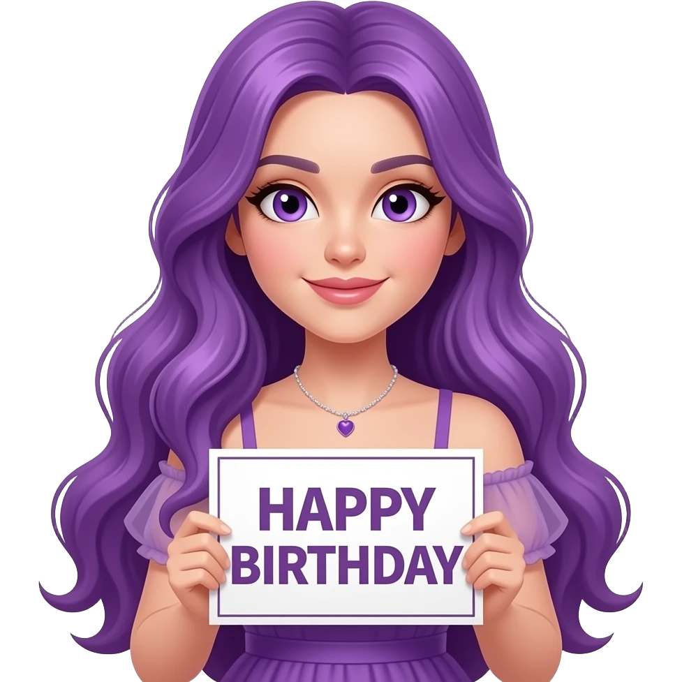 sexy girl with long purple hair and purple eyes wearing a birthday dress holding a HAPPY BIRTHDAY sign emoji