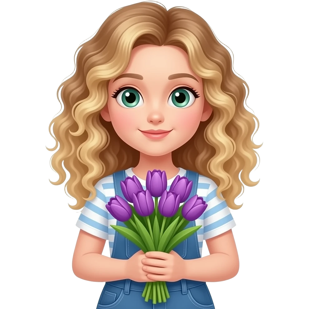 A whole girl having green/blue eyes and curly blonde highlighted hair holding a bouquet of purple tulips emoji