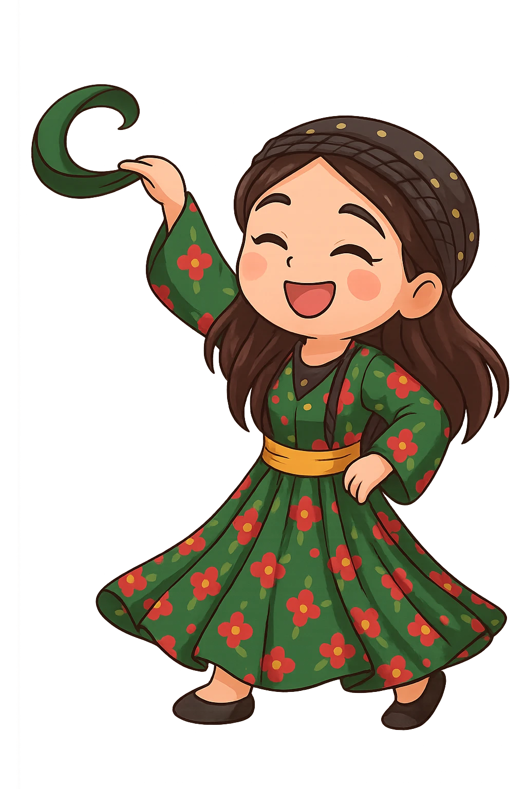 Create a colorful and cheerful Kurdish cartoon sticker in chibi style. Show the traditional Kurdish clothing and a dancing pose. The background should be transparent. Suitable for WhatsApp and Instagram. emoji