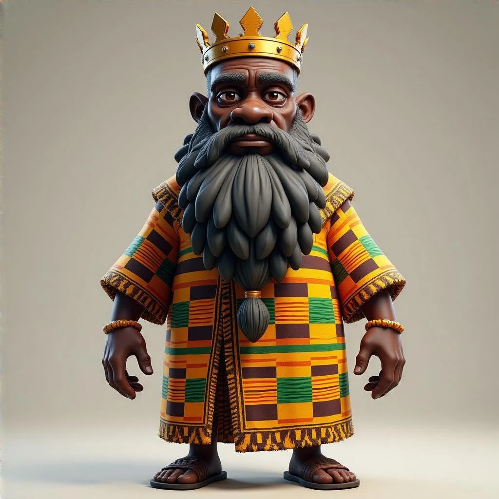 Create me a Stylized 3D Character Art of an old Wise African king with a large beard wearing kente cloth for a Strategy Game. Make it have a balance of realism and caricature with a well-defined lighting. emoji