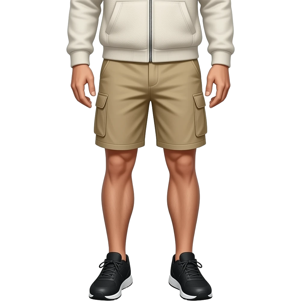 black running shoes, bare legs, beige cargo shorts and a fleece sweatervest from the waist down emoji
