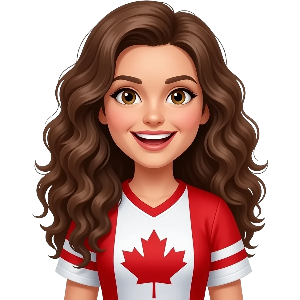 Cheering Hans Habs Canadian fan red jersey emoji, brown lady with  long brown curly hair emoji