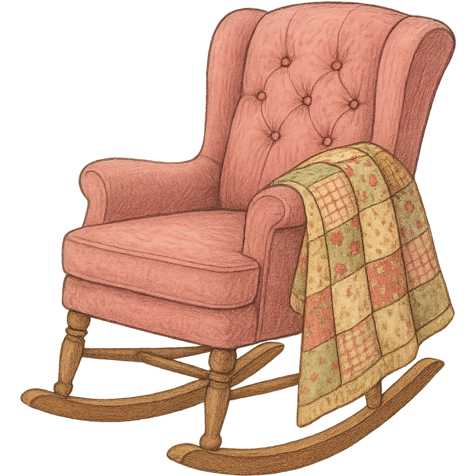 pink cozy rocking chair with a patchwork quilt, nostalgic emoji