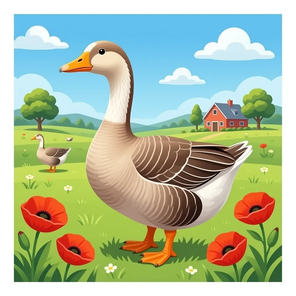 a goose on a farm with poppies emoji