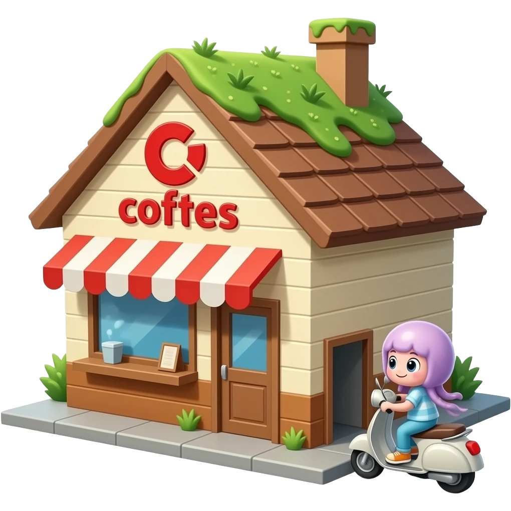 A small coffee shop named scooters with a pitched roof with grass growing on it. The logo is red, the building walls are tan and brown. A jellyfish driving a skateboard is going through the drivethrough.  emoji
