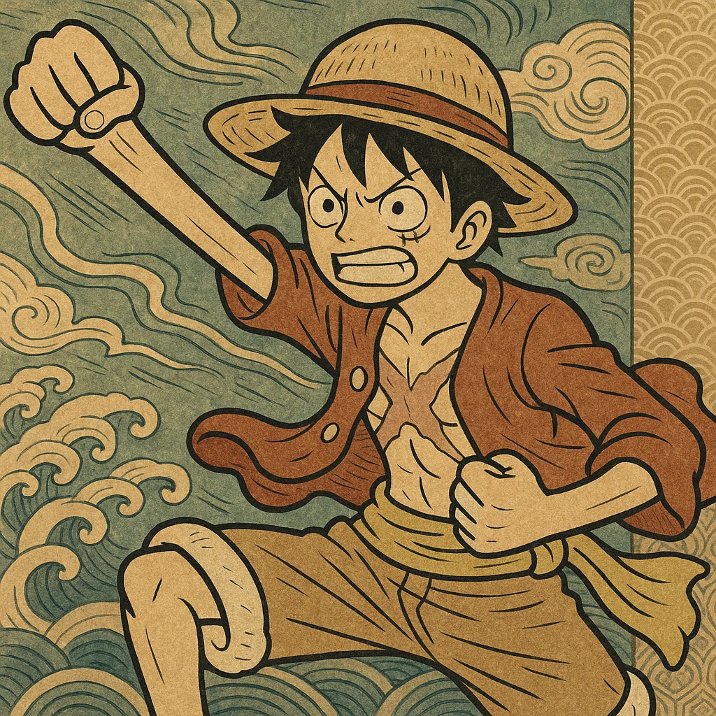 Luffy from One Piece, action pose, stretching arm, straw hat, anime style emoji