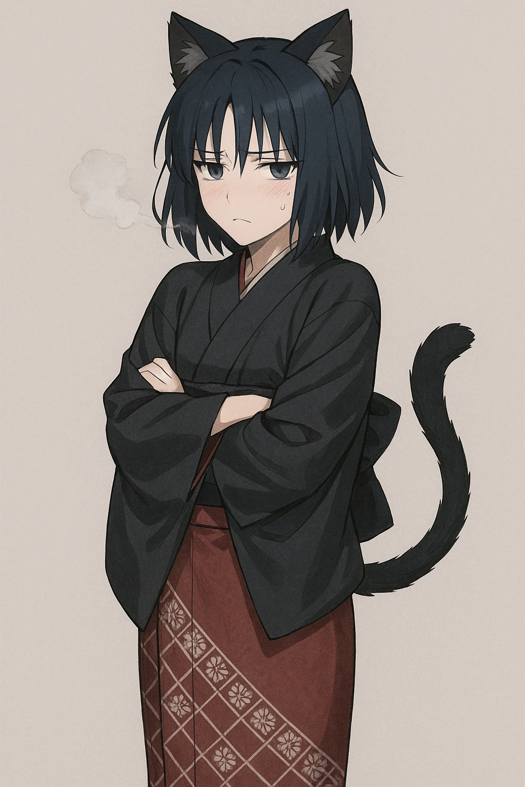 Ryougi Shiki with cat ears and cat tail, looking cold, wearing her signature outfit emoji