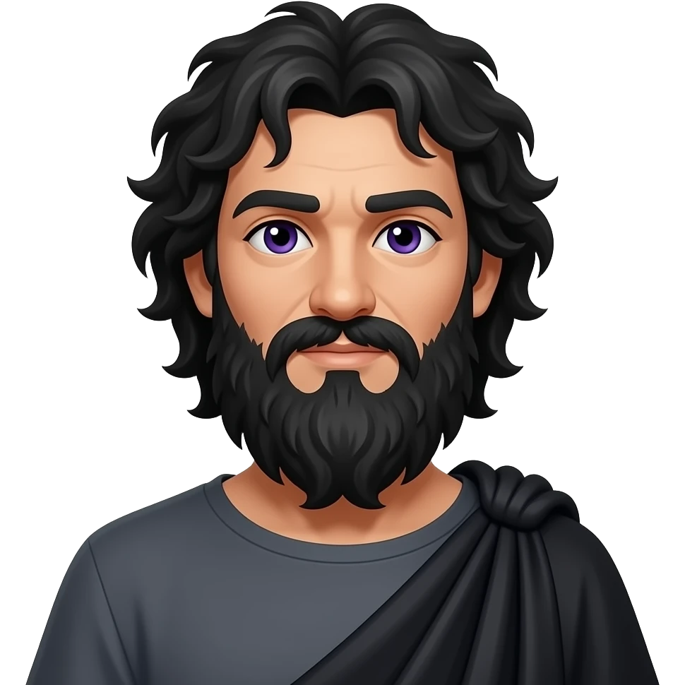 Pluto from Roman Mythology with dark purple eyes, long black bearded wavy messy hair, dark gray tunic, black toga emoji