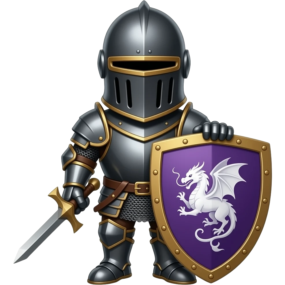 knight wearing black armor with brass trim, with a purple shield with a white dragon design on it emoji