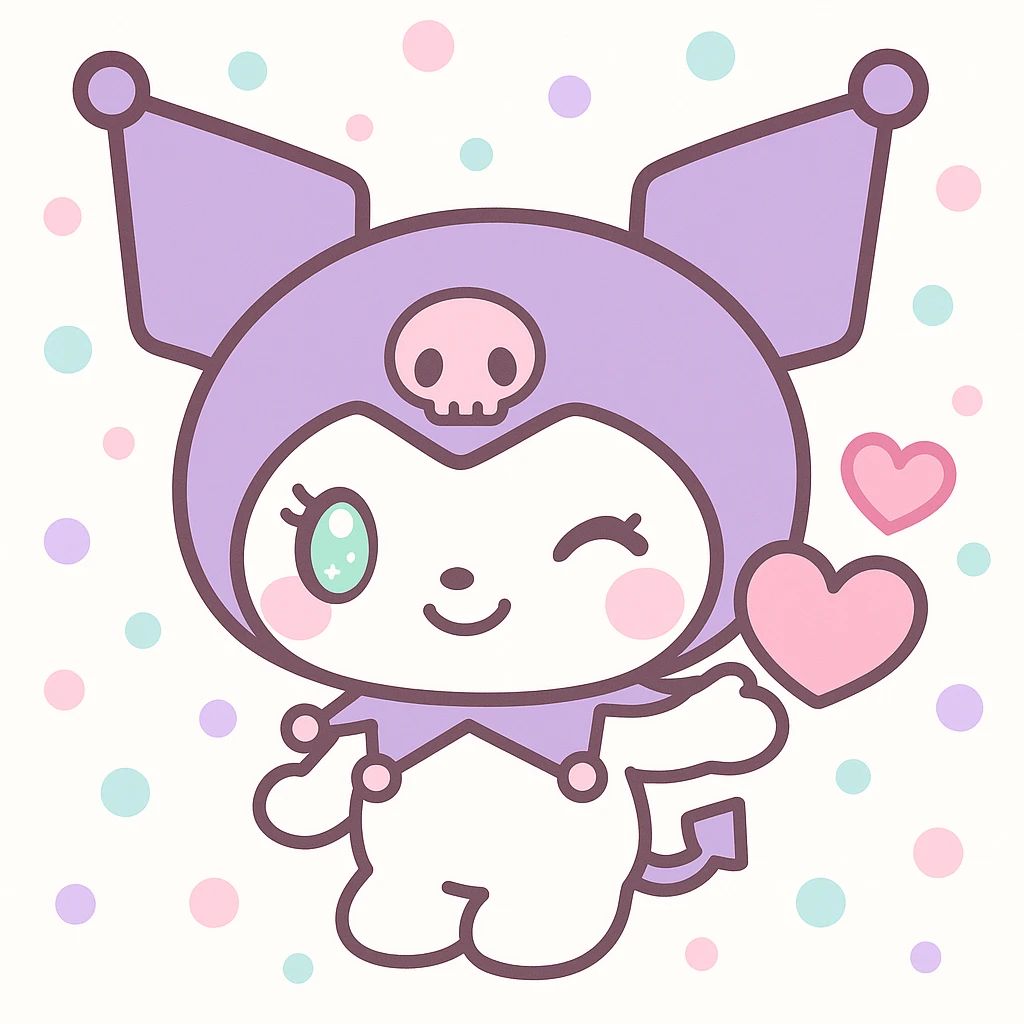 Kuromi character winking and presenting a heart, kawaii style, heart above hand emoji