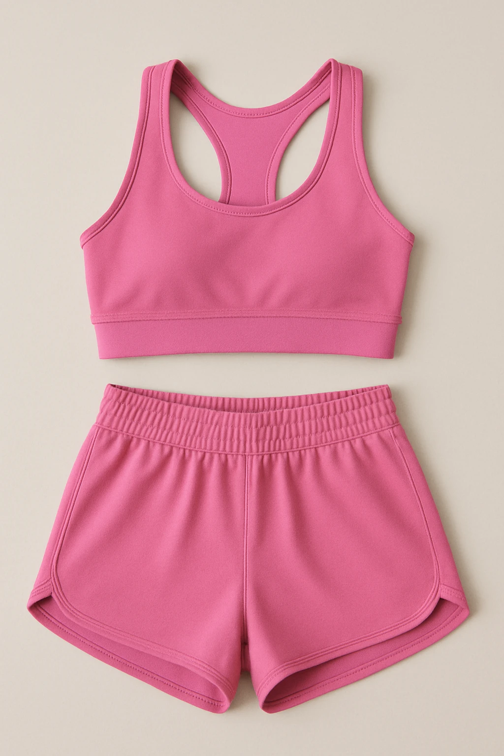 active wear set featuring a pink sports bra and matching pink shorts, modern and sporty, on a neutral background emoji