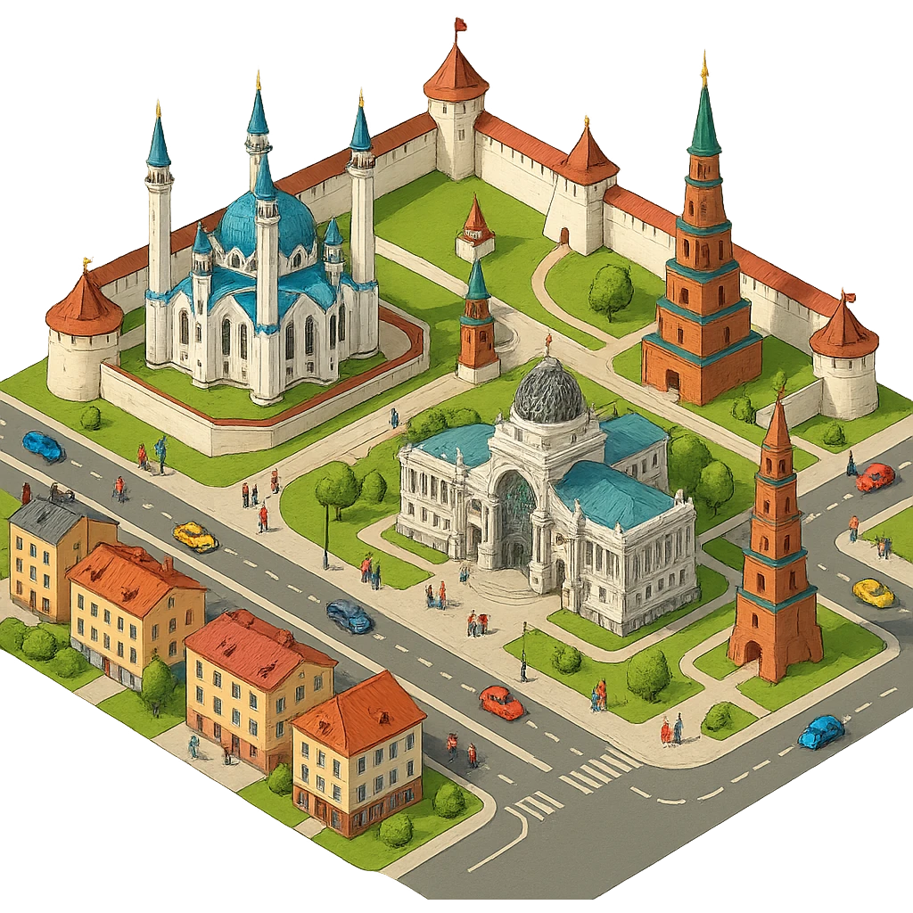 Изометричная миниатюрная фотореалистичная 3D модель Казани - Казанский Кремль, Кул-Шариф, Башня Сююмбике, Дворец земледельцев, казанские дома, автотранспорт четкие линии, яркие цвета, мультяшный реализм, люди, автотранспорт, компактная композиция, вид сверху в изометрии, прозрачный фон emoji