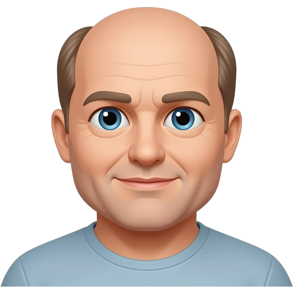 50 year old overweight man balding with light brown hair on the sides of his head and blue eyes emoji