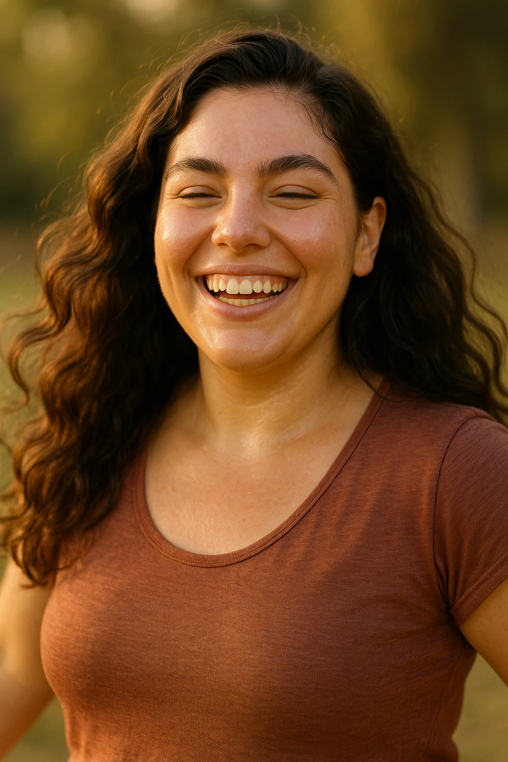realistic portrait of a woman with PCOS who has improved health, happy and relaxed appearance, glowing skin, thick hair, energetic posture, signs of wellness and reduction of premenstrual cycle symptoms, realistic details, warm lighting, vertical 2:3, no text emoji