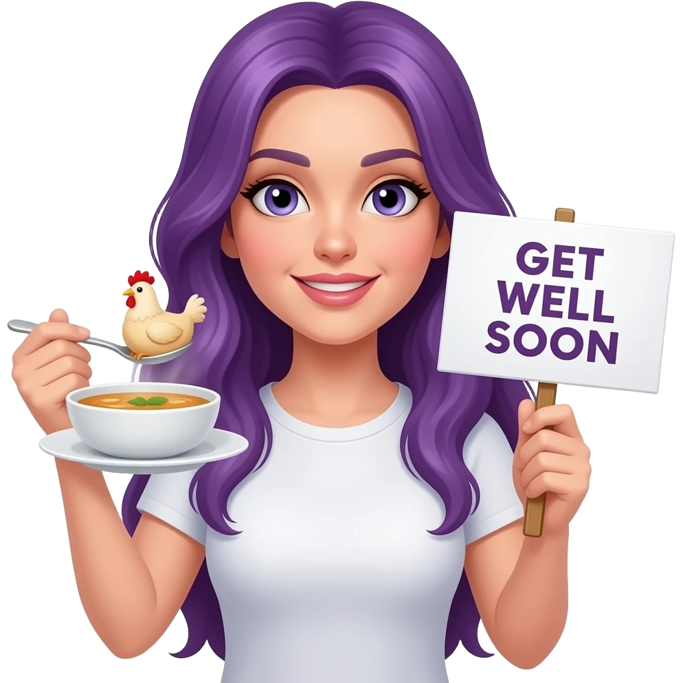 sexy girl with long purple hair holding a chicken soup and a wish GET WELL SOON sign emoji