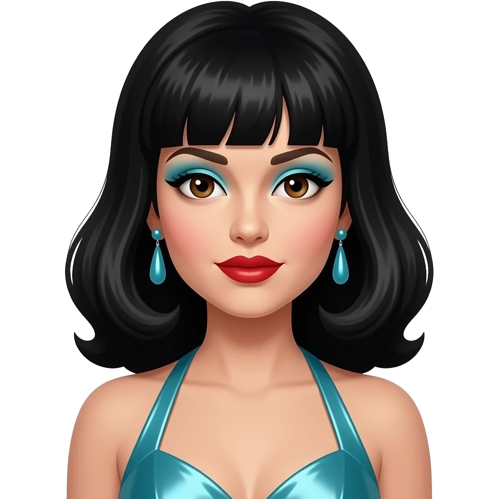 Cher, Singer with brown eyes, long black 60s beehive bang hair, cyan eyeshadow, red lipstick, cyan metallic halter dress, cyan earrings emoji