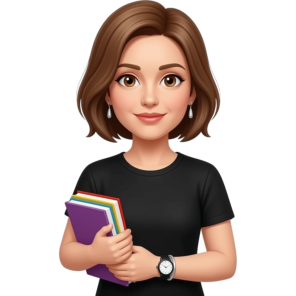 femme cheveux chatains blonds au carré, 40 ans, raie sur le côté droit, yeux marrons, lèvres fines, t-shirt noir, boucles d'oreilles pendantes en argent, des livres colorés dans les bras, une montre noire et ronde au poignet gauche et un bracelet en argent au poignet droit, emoji