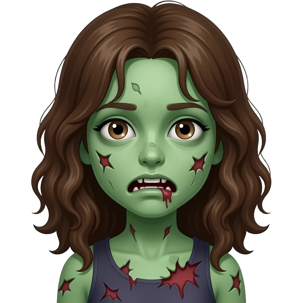 uma me menina zumbi de pele verde e estragada com cabelo marrom ondulado emoji