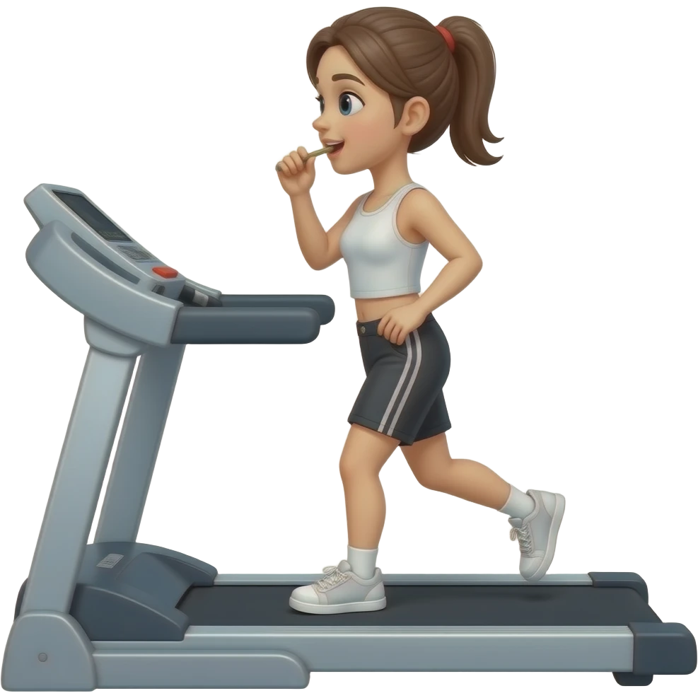 Generate me a girl doing treadmill while eating emoji