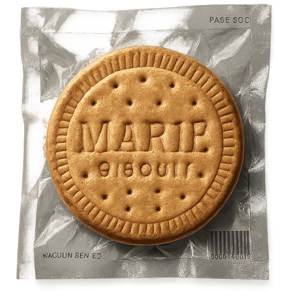 a circular Marie tea biscuit, tightly vacuum-sealed in clear plastic emoji