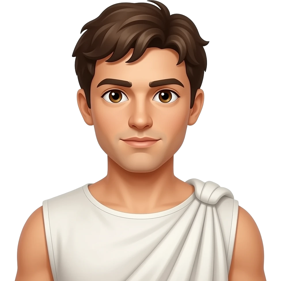 Young ancient Greek male, brown eyes, wearing white emoji