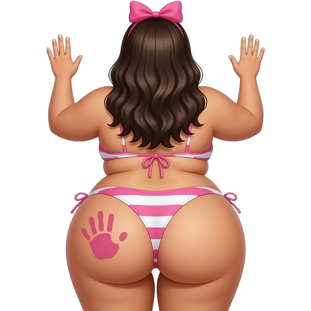 A tanned really extremely fat pink and white big booty latina showing back its bikini and big thighs and buttocks while putting her hands behind the wall and she has a  peachy hand print on her left buttocks and she with a pink bow tie on her head emoji