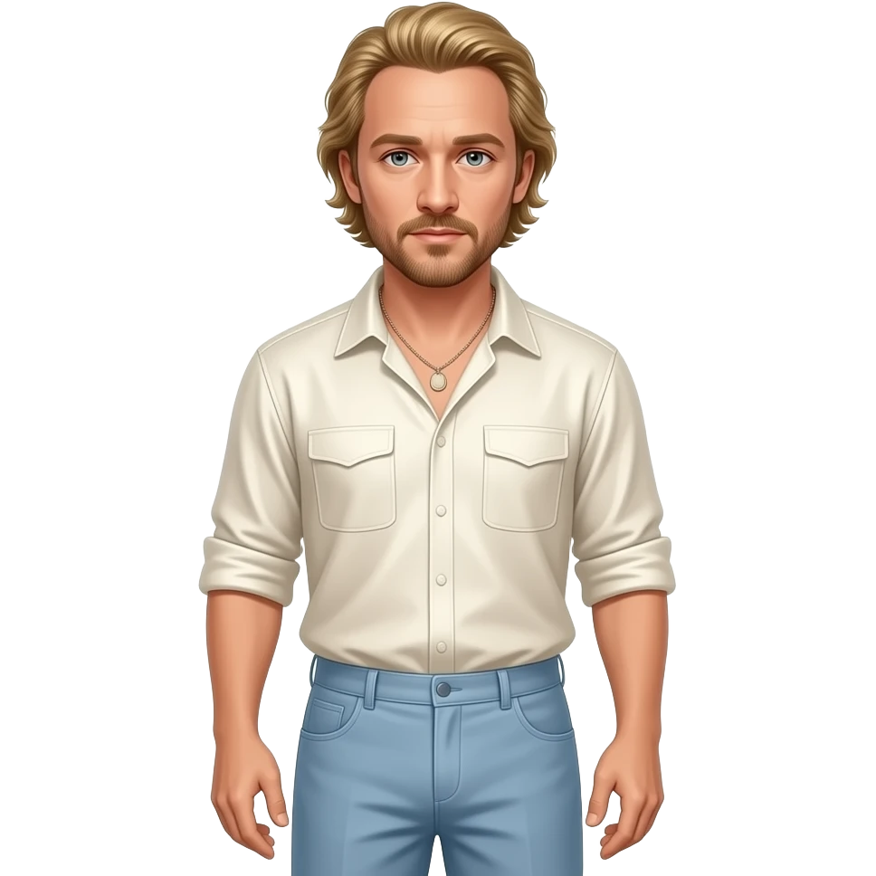 Heath Ledger with hazel eyes, golden blonde hair, ivory metallic shirt, light steel blue baggy pants, necklace emoji