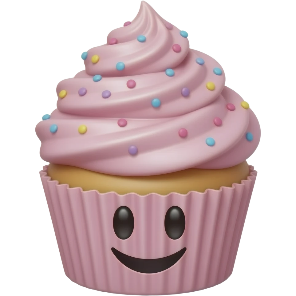 Um cupcake rosa com muito brilho, feliz e sorridente, com um rosto... emoji