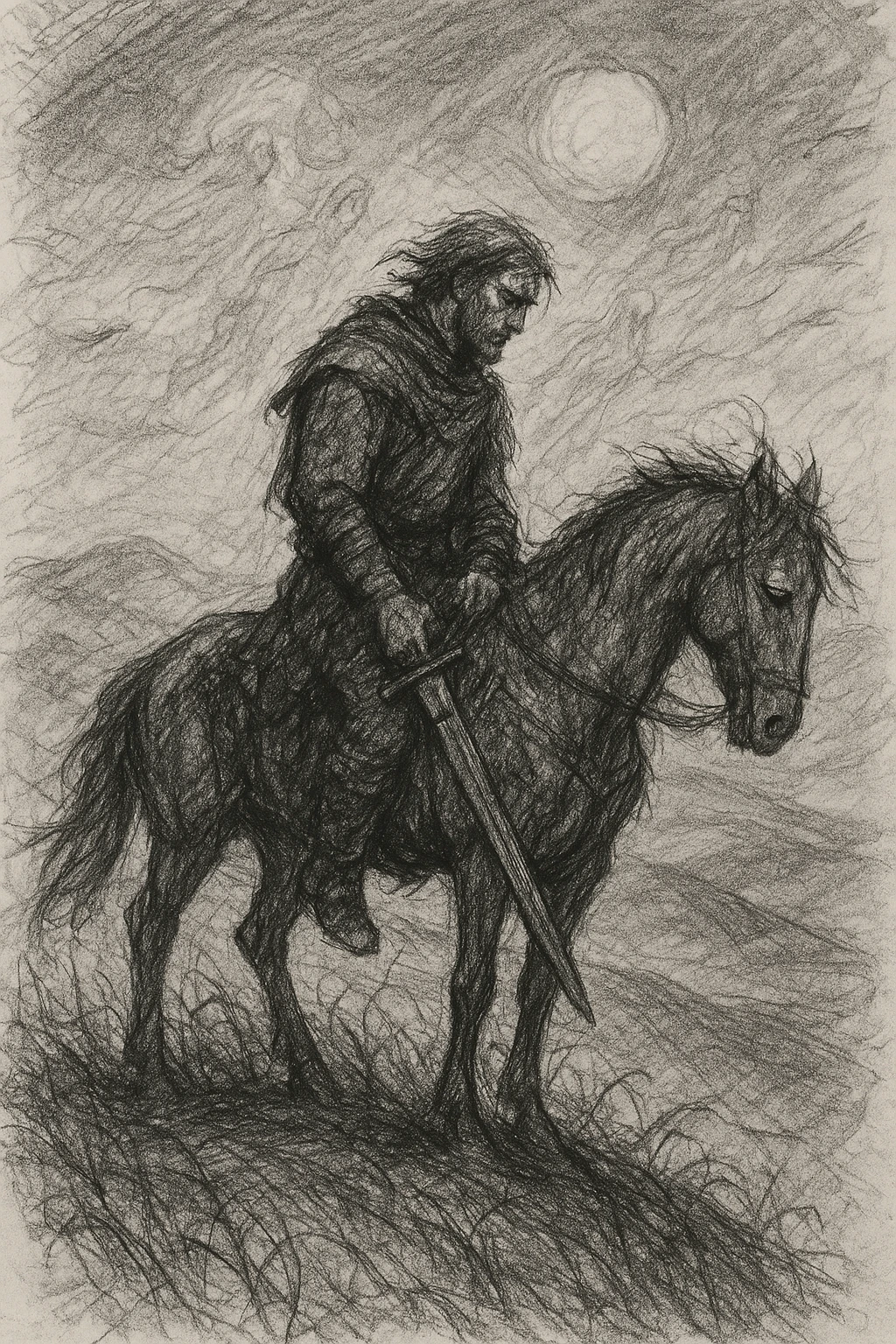 black and white pencil sketch of a warrior's final ride, lone rider on restless horse atop windswept hill under heavy sunless sky, contemplative rider with sword at side preparing for last battle, somber landscape with gusting wind, distant hills, ancestral spirits in the air, subtle grass and vines, passage of time, evoking themes of legacy, peace, and returning to the earth, no text emoji