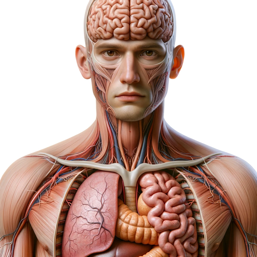 corpo umano anatomico con cervello, intestino e stomaco in evidenza, espressione neutra in volto, posa frontale, iperrealistico 4k, isolato su sfondo bianco emoji