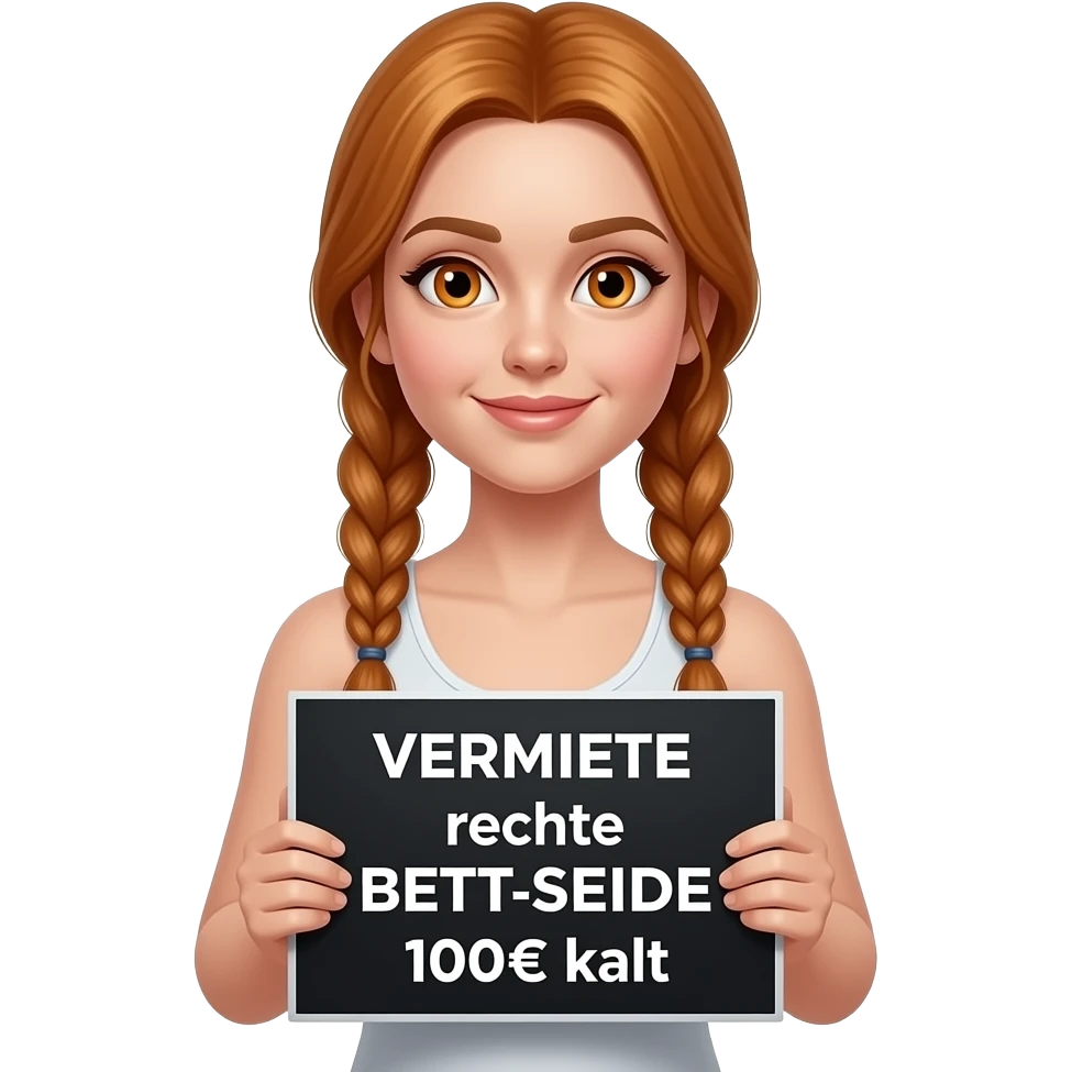 sexy girl with long ginger braids and ginger eyes wearing a white tanktop is holding a black sign with VERMIETE rechte BETT.SEITE 100€ kalt written on it emoji