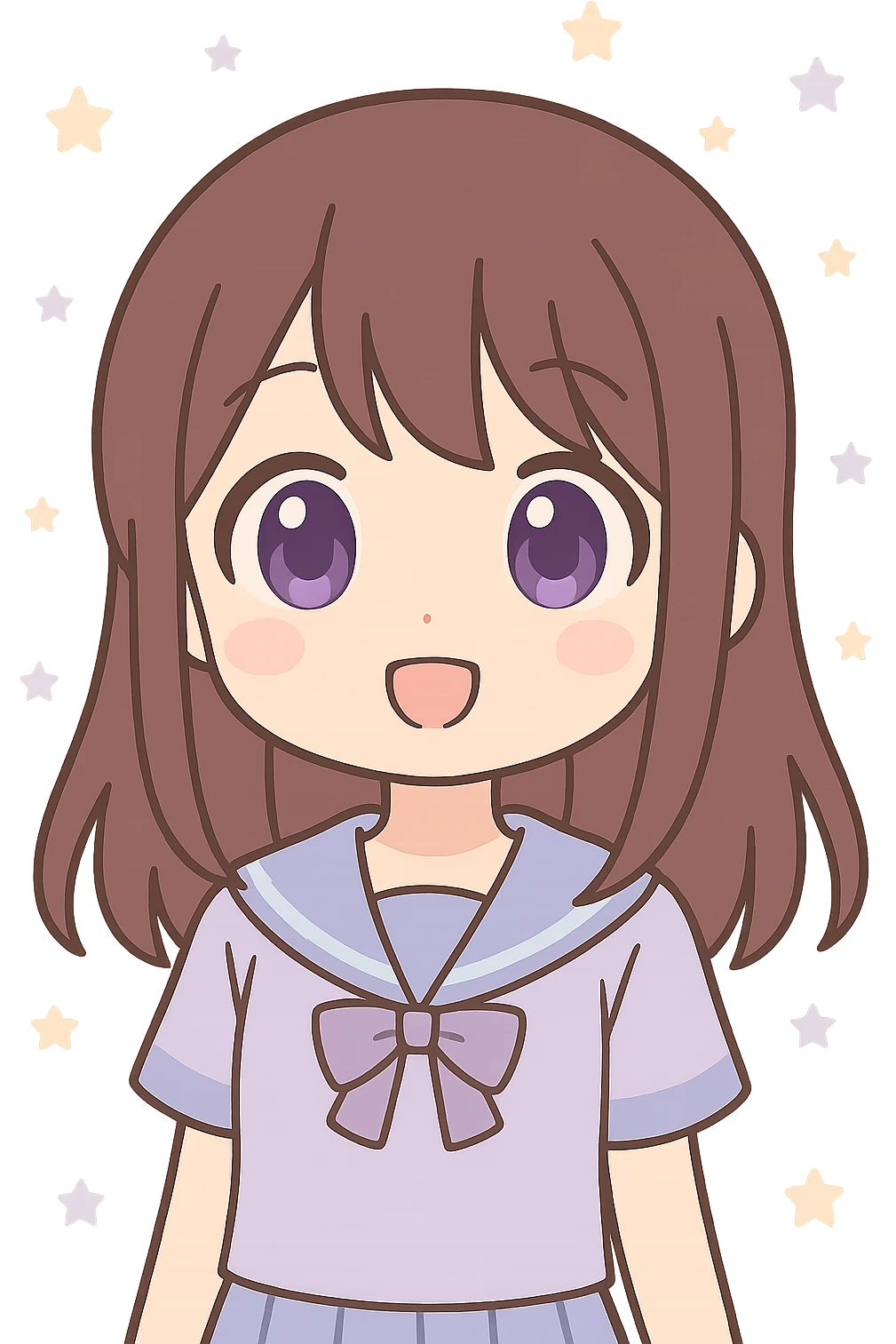brunette anime girl with purple eyes, kawaii style, big eyes, soft shading, no background emoji
