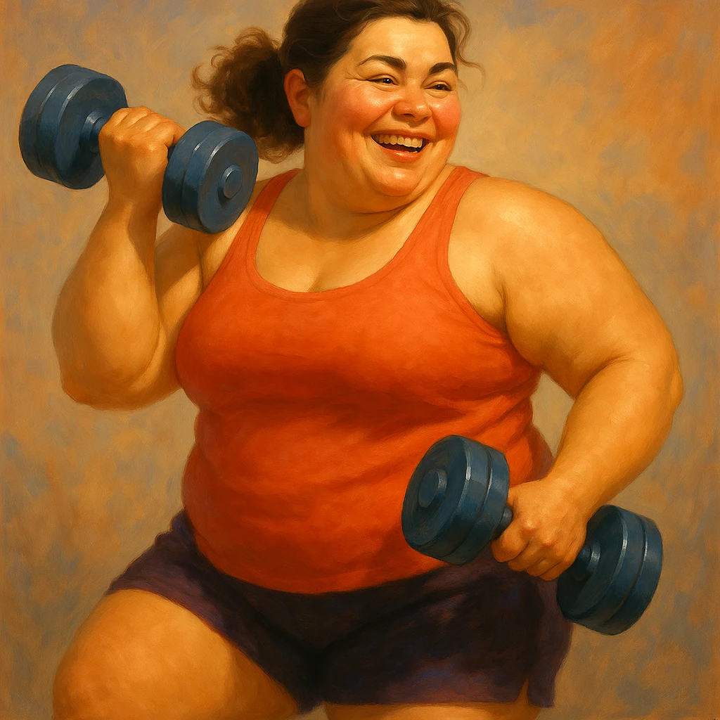 Make the dumbbells much larger while preserving the digital painting style and the smiling expression, keeping the artistic and friendly look. emoji