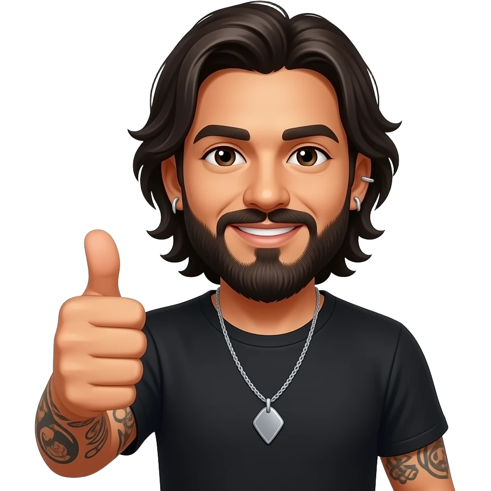 The handsome Latino podcast host with medium length hair, a long beard and tattoos with his ears pierced and a nose ring on the right side, giving a thumbs up emoji