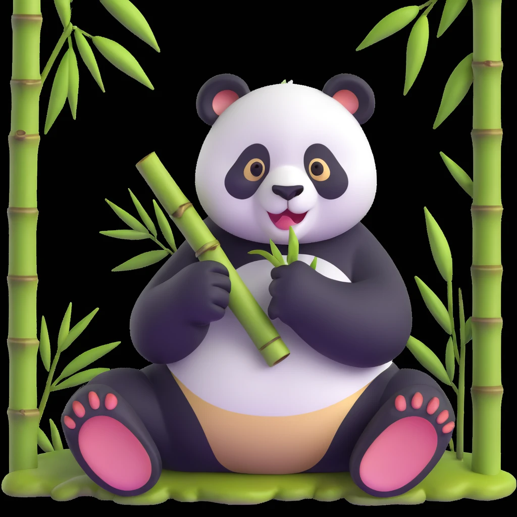 panda eating bamboo in forrest background, close up pose emoji