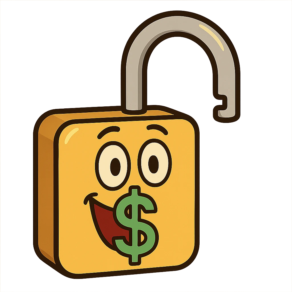 open lock emoji with dollar sign, flat modern style, bright saturated colors golds greens reds, minimal but expressive, universal look emoji