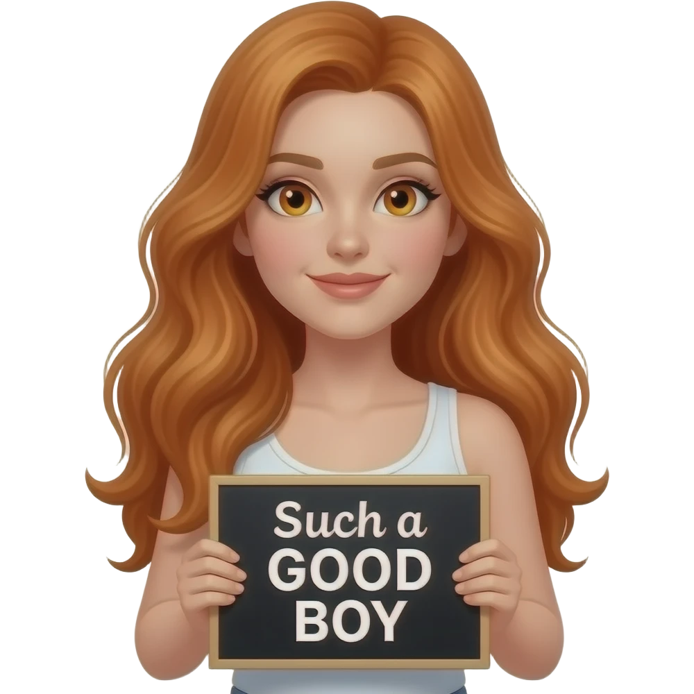sexy girl with long wavy ginger hair and ginger eyes wearing a white tanktop is holding a black colored sign with Such a GOOD BOY written on it emoji